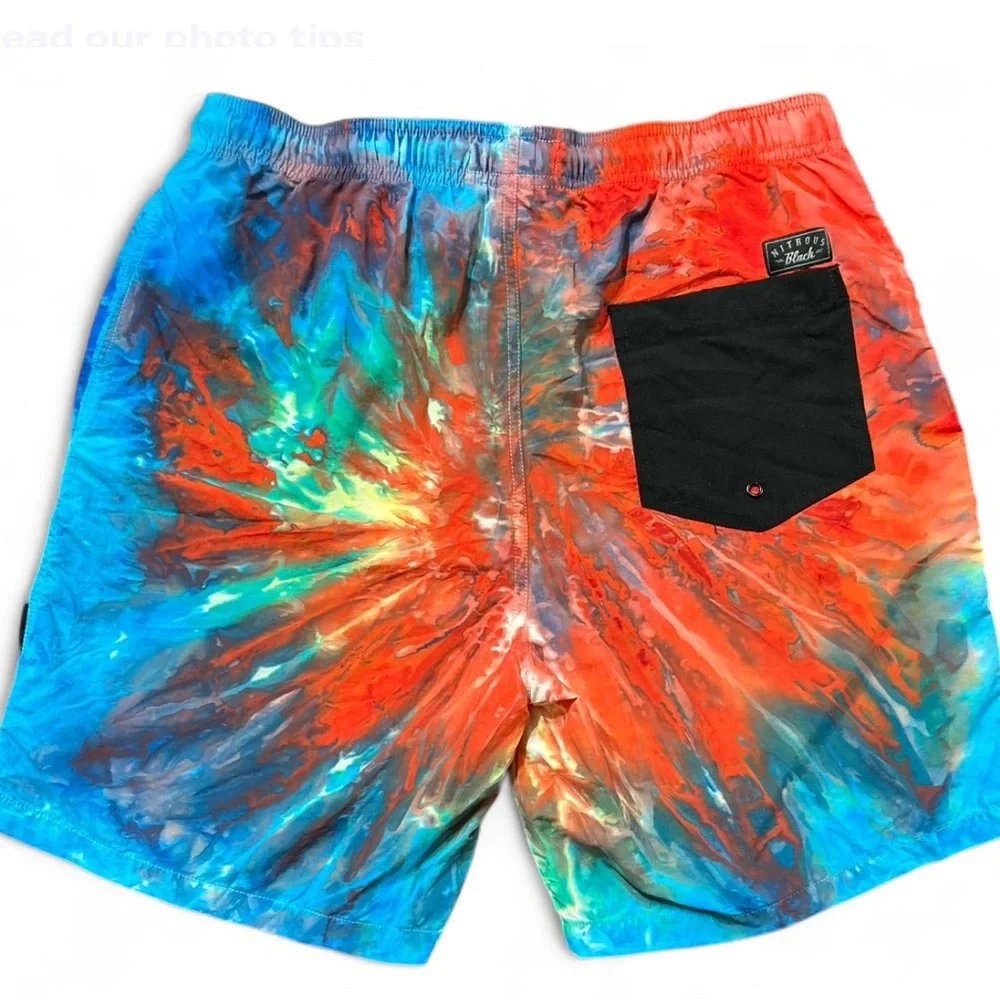 NITROUS BLACK Red and Blue Swim Trunks Vibrant Tie-Dye Design S